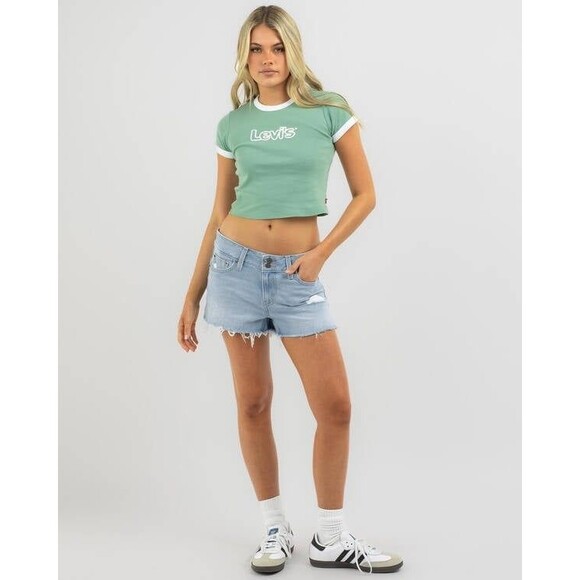 Levi's Women's Superlow 5 Pocket Light Wash Distressed Raw Hem Denim Shorts 26 - Picture 3 of 8